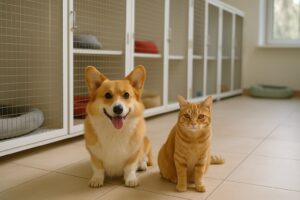 سگ کورگی و گربه نارنجی در پانسیون حیوانات خانگی در اسلام‌شهر داخل اتاق تمیز و ایمن