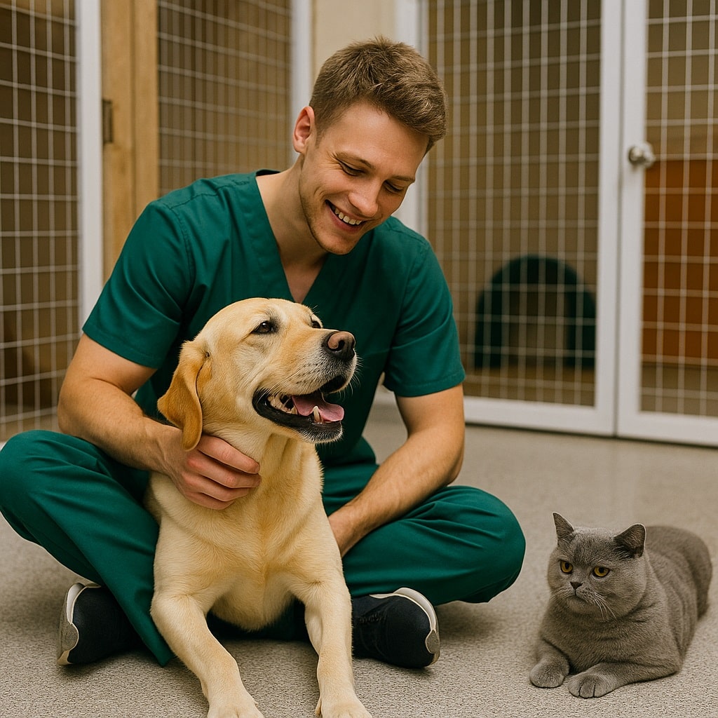 کارمند پانسیون حیوانات در حال نوازش سگ لابرادور و نشستن کنار گربه بریتیش شورت هیر در اسلام‌شهر