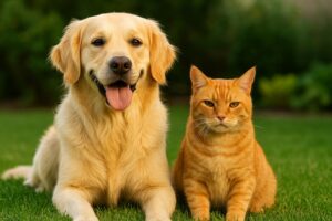 سگ گلدن رتریور و گربه نارنجی در فضای سبز پانسیون حیوانات خانگی در اسلام‌شهر