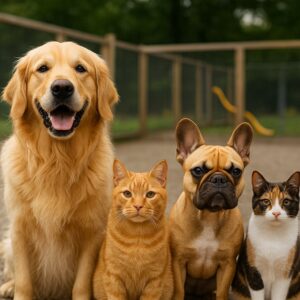 سگ گلدن رتریور، گربه نارنجی، سگ بولداگ فرانسوی و گربه کالیکو در محوطه بازی پانسیون حیوانات خانگی اسلام‌شهر