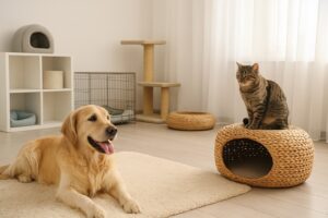 سگ گلدن رتریور و گربه در اتاق تمیز و بهداشتی پانسیون حیوانات خانگی در آجودانیه