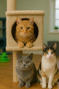 پانسیون گربه در نیرو هوایی - گربه نارنجی داخل خانه گربه و دو گربه دیگر کنار آن