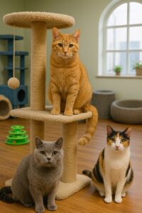 پانسیون گربه در نیرو هوایی - سه گربه در اتاق بازی با اسباب‌بازی و درخت گربه