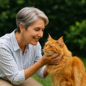  زن میانسال در حال نوازش گربه نژاد مین‌کون در محیط سبز، خدمات نگهداری حیوانات در آجودانیه