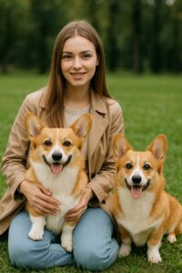 زن جوان در حال بازی با دو سگ در فضای باز، نشان‌دهنده خدمات پانسیون حیوانات خانگی در آجودانیه