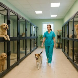نمای داخلی پانسیون حیوانات خانگی در سبلان با فضای تمیز و مدرن، سگها و گربهها در قفسهای استاندارد و پرستار در حال مراقبت