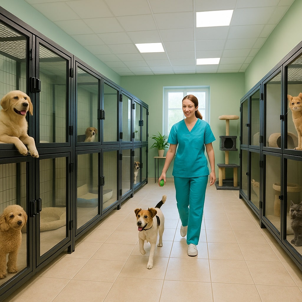 نمای داخلی پانسیون حیوانات خانگی در سبلان با فضای تمیز و مدرن، سگ‌ها و گربه‌ها در قفس‌های استاندارد و پرستار در حال مراقبت