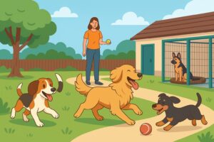 تصویر کارتونی زن با سگ و گربه در پانسیون حیوانات خانگی سرسبز