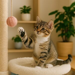 بچه گربه خاکستری در حال بازی با توپ پشمی صورتی روی درخت گربه در پانسیون قاسم آباد