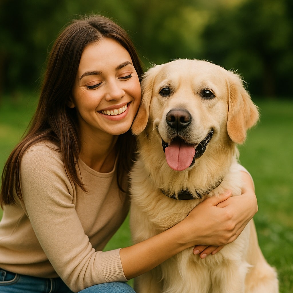 زن جوان در حال در آغوش گرفتن سگ گلدن رتریور در پارک، نمادی از عشق به حیوان خانگی