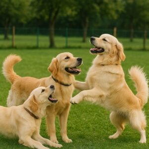 سه سگ گلدن رتریور در حال بازی در محوطه سبز پانسیون حیوانات خانگی در قاسم آباد
