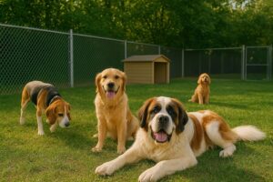 سگهای مختلف در محوطه چمن پانسیون حیوانات خانگی شهرک غرب در کنار خانه حیوانات