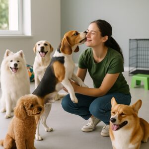 سگهای شاد در حال بازی در فضای سبز پانسیون حیوانات خانگی آرارات با حضور مربی مهربان