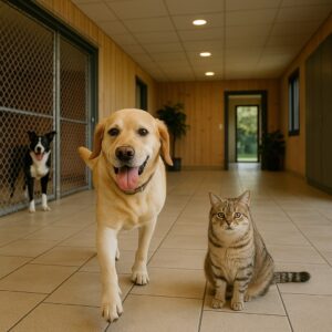 پانسیون حیوانات خانگی در شهرک غرب با سگ گلدن و گربه در فضای سبز و ساختمان مدرن در پسزمینه