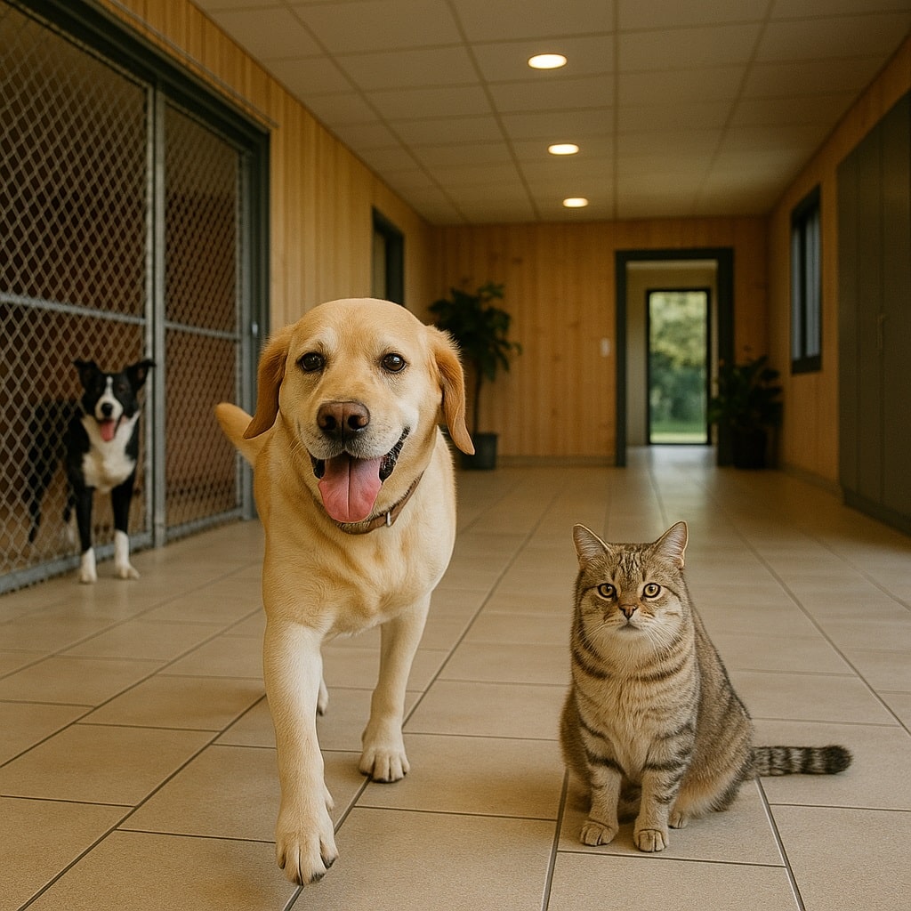 پانسیون حیوانات خانگی در شهرک غرب با سگ گلدن و گربه در فضای سبز و ساختمان مدرن در پس‌زمینه
