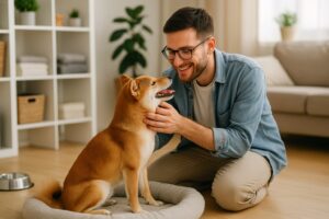 مرد جوان در خانه مدرن در حال نوازش سگ کوچک شاد، نشانه مراقبت درست از حیوان خانگی