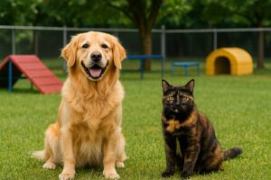 سگ و گربه در محیط سبز پانسیون حیوانات خانگی در پاکدشت، فضای باز و شاد مخصوص حیوانات خانگی