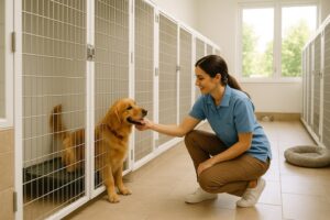 کارمند پانسیون حیوانات در حال مراقبت از سگ در محیط روشن و تمیز در پاکدشت