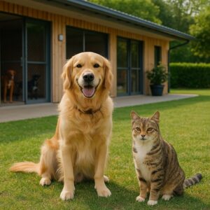سگ لابرادور و گربه در محیط داخلی پانسیون حیوانات خانگی شهرک غرب با فضای روشن و تمیز