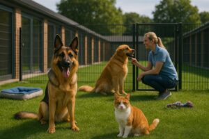 پانسیون حیوانات خانگی در سرسبز با سگ ژرمن شپرد و گربه در فضای سبز