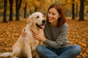 زن جوان در حال بازی با سگ خود در فضای باز، نمادی از رابطه خوب بین صاحب و حیوان خانگی