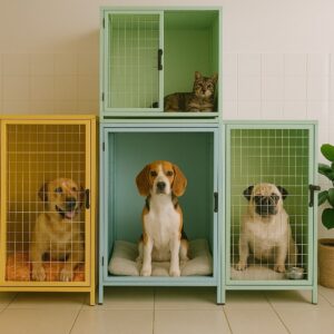 سگ و گربهها در قفسهای رنگی در یک پانسیون تمیز و بهداشتی در قاسم آباد
