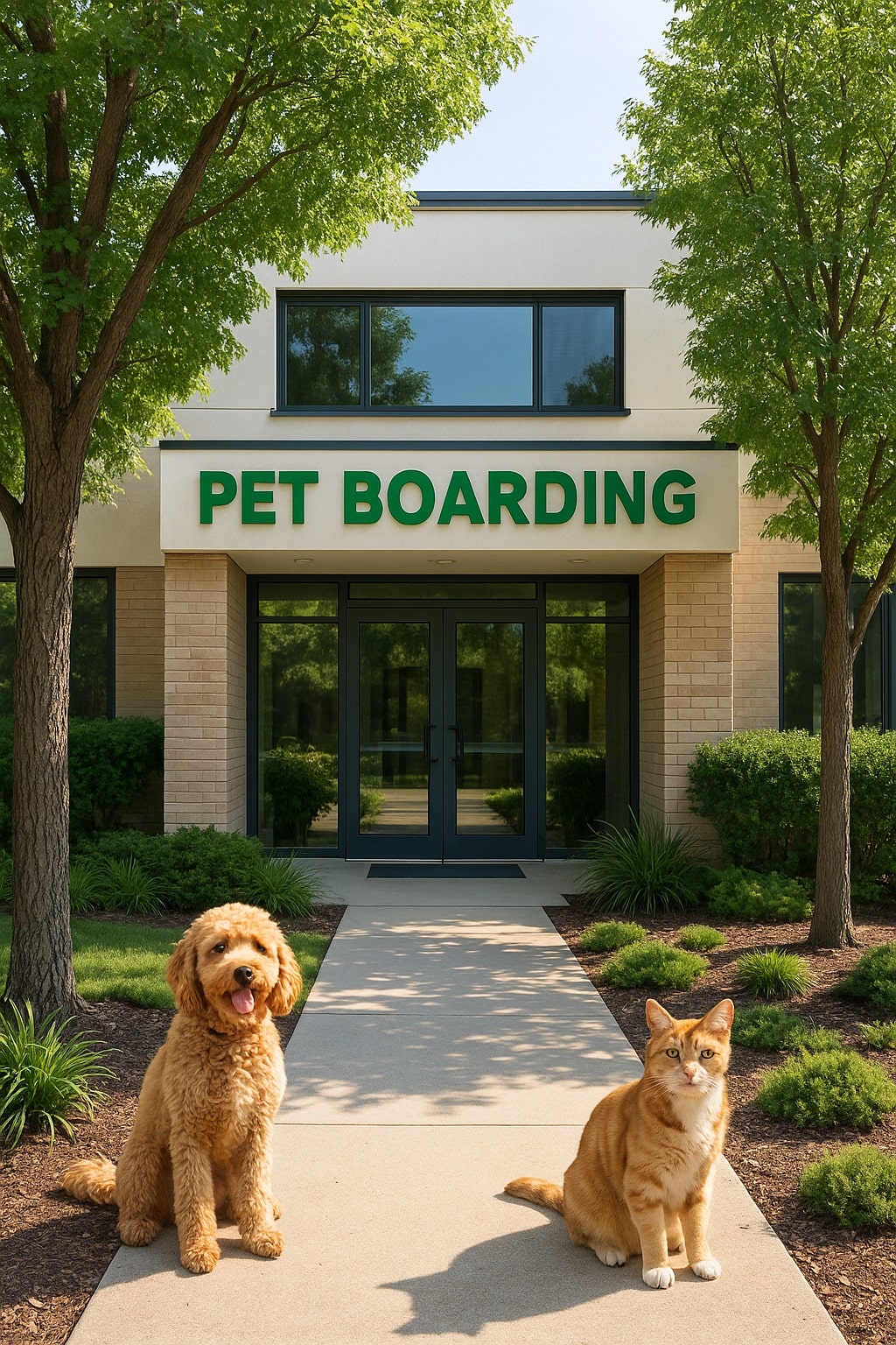 نمای بیرونی پانسیون حیوانات خانگی در ایران‌زمین با ساختمان مدرن، فضای سبز و سگ و گربه در حال بازی در حیاط