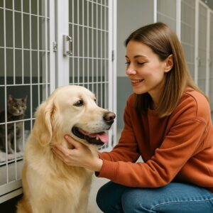 پرسنل پانسیون حیوانات خانگی در ایرانزمین در حال نوازش سگ و گربه در محیط تمیز و روشن پانسیون