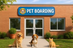 نمای بیرونی پانسیون حیوانات خانگی در خزانه فلاح تهران با ساختمان آجری، سگ و گربههای شاد در فضای سبز و محیط آرام و تمیز.