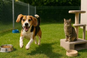 خدمات پانسیون حیوانات خانگی در سبلان شامل بازی سگ در محوطه سبز و گربه روی اسکرچر با ظروف غذای سالم و فضای ایمن