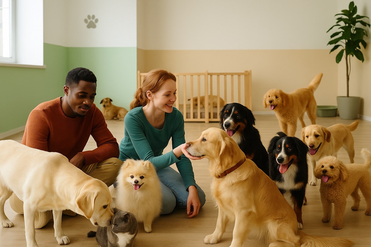 سگ‌ها و گربه‌ها در محیط داخلی پانسیون حیوانات خانگی شریعتی در حال بازی با مربیان