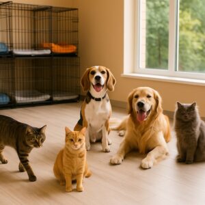 نمایی آرام از سگ و گربه در محیط پانسیون حیوانات خانگی شریعتی با فضای گرم و دلنشین