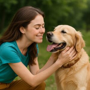 پرسنل پانسیون در حال نوازش و بازی با سگ گلدن رتریور در فضای سبز و روشن، نمادی از مراقبت و ارتباط دوستانه در پانسیون حیوانات.
