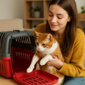 زن جوان در حال قرار دادن گربه در باکس مخصوص در پانسیون حیوانات خانگی جیحون تهران