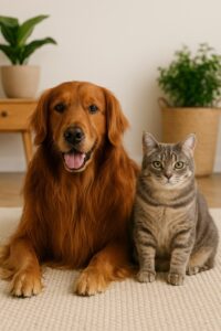 سگ گلدن رتریور و گربه خاکستری آرام در محیط داخلی پانسیون حیوانات خانگی در تهران، روی فرش روشن و در فضای تمیز و آرام.